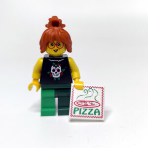 Lego figure holding pizza