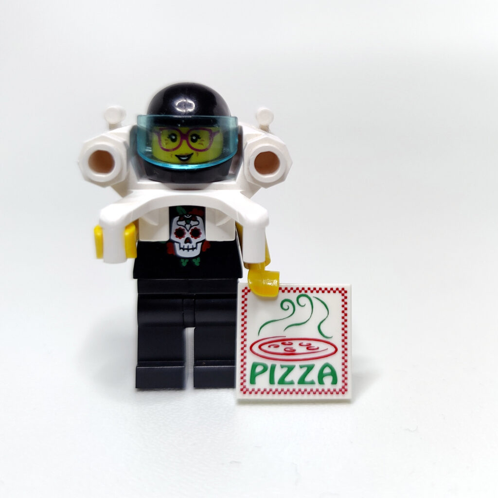 Lego figure holding pizza with jetpack and helmet.